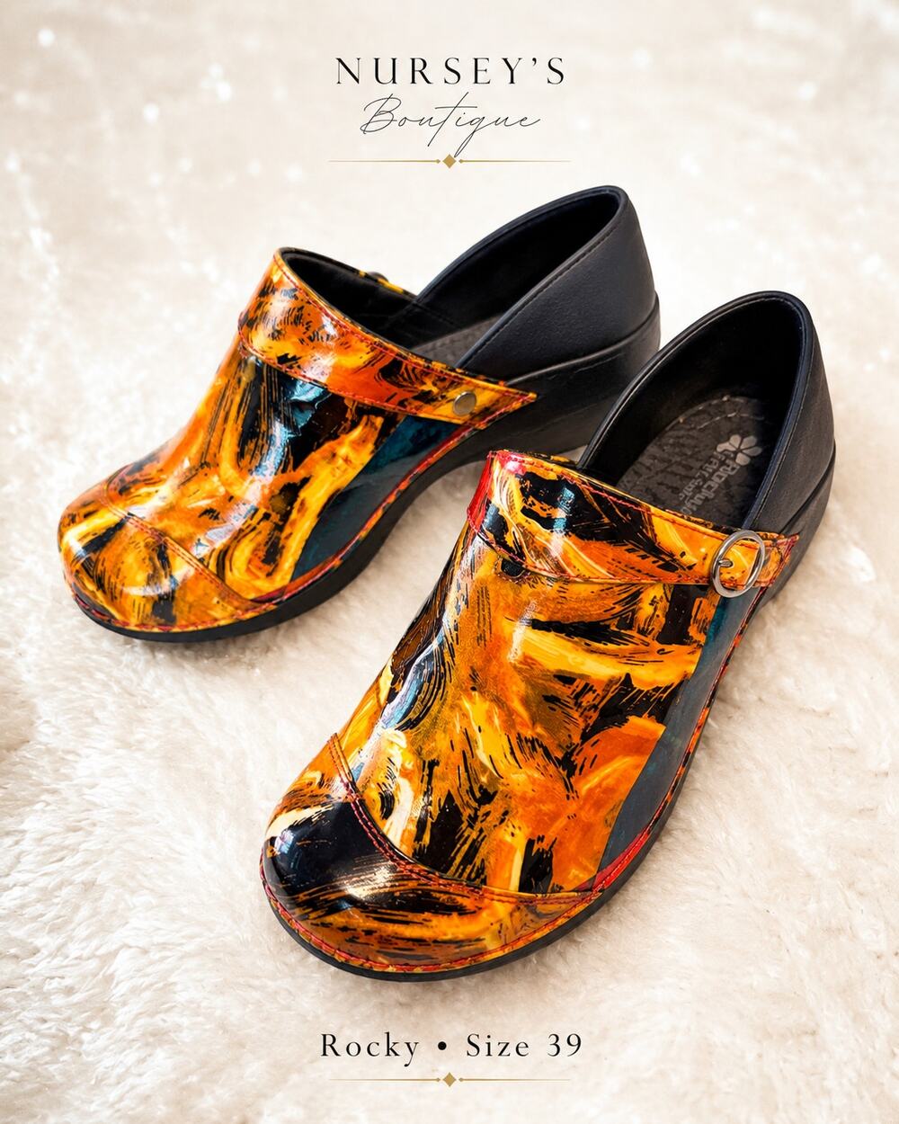 Rocky 4EurSole Women’s 39 Orange Abstract Patent Leather Nursing Clogs US S8